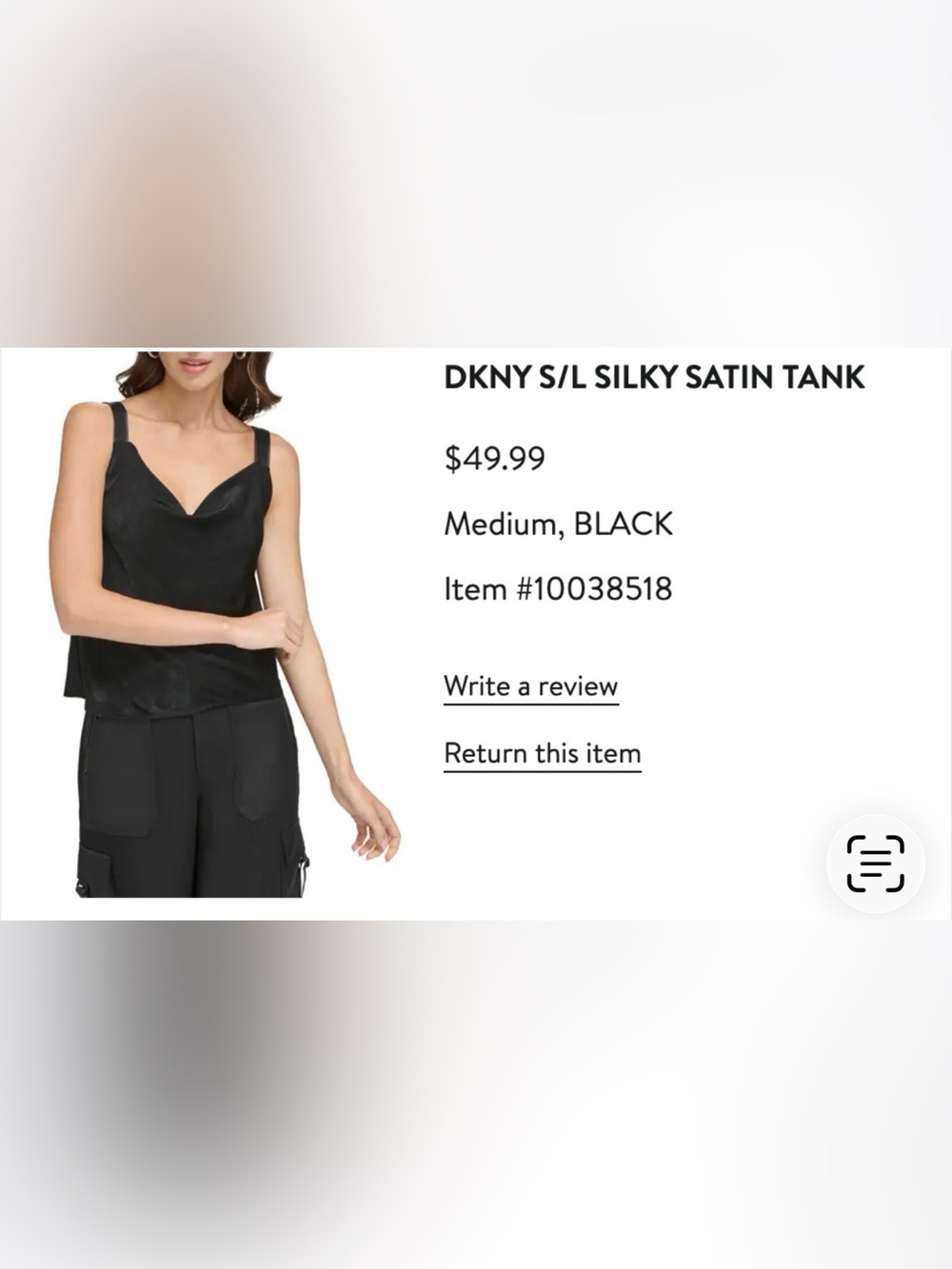 DKNY Black Silky Satin Tank Top